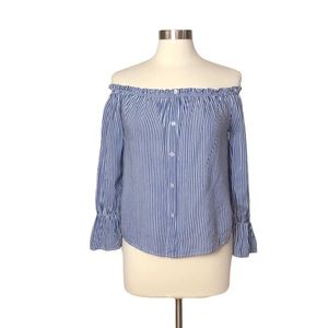 Timing Blue and White Striped Off Shoulder Cotton Top